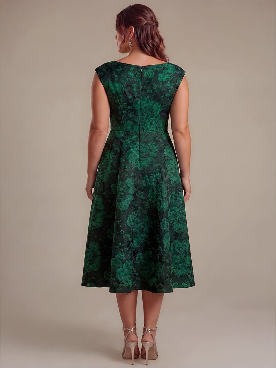 Printed Jacquard Cap Sleeve Dress #color_Dark Green/Black