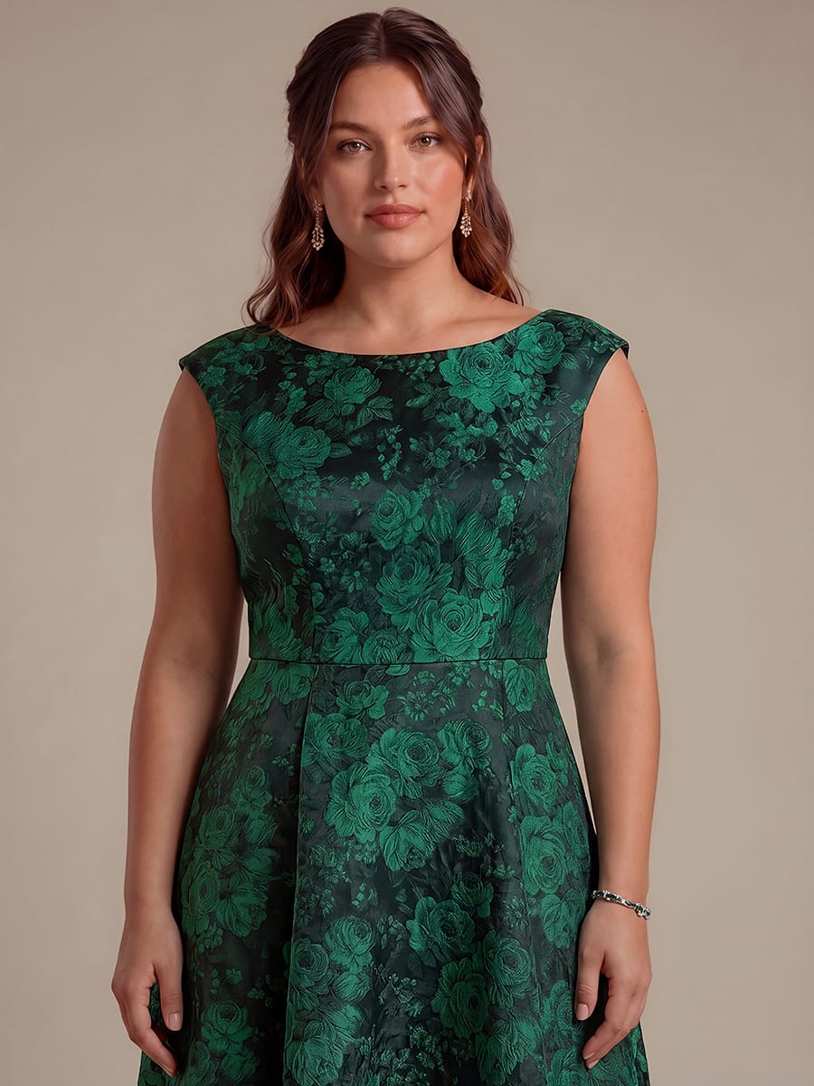 Printed Jacquard Cap Sleeve Dress #color_Dark Green/Black