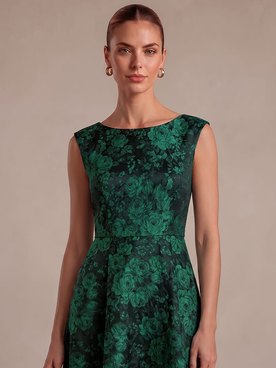 Printed Jacquard Cap Sleeve Dress #color_Dark Green