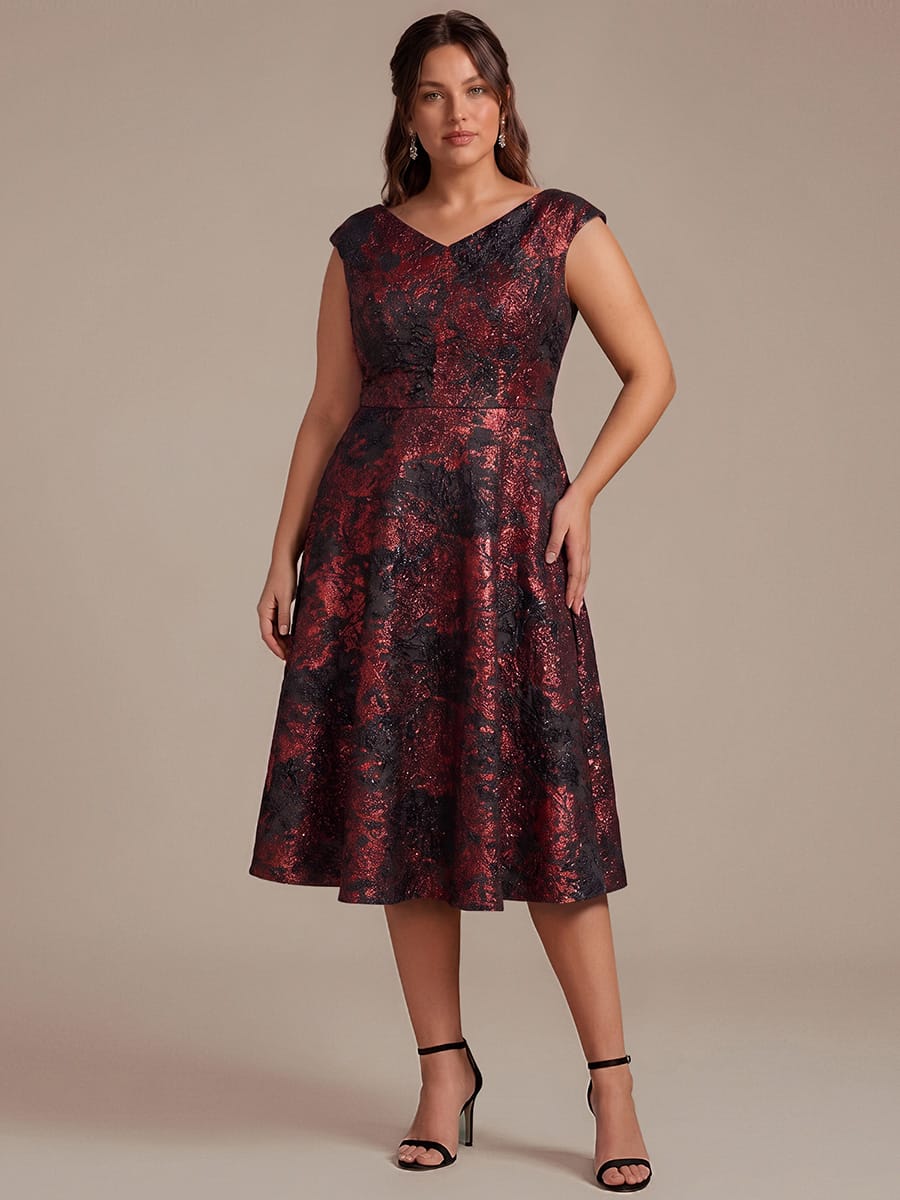 Jacquard Cap Sleeve A-line Dress #color_Burgundy/Black