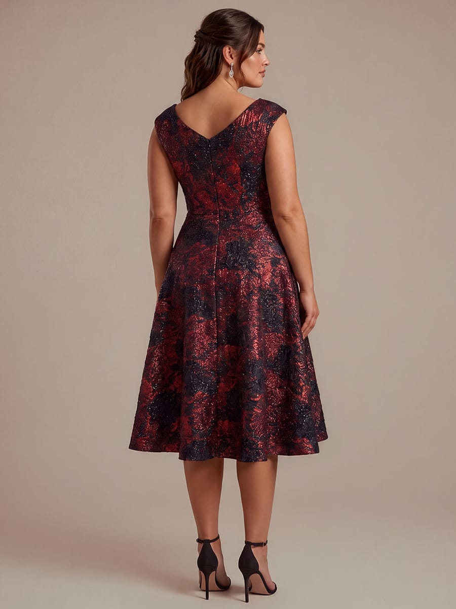 Jacquard Cap Sleeve A-line Dress #color_Burgundy/Black