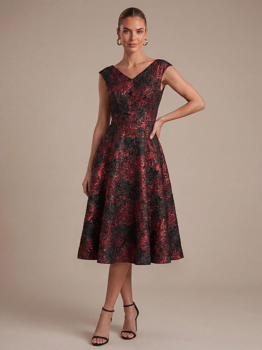 Jacquard Cap Sleeve A-line Dress #color_Burgundy