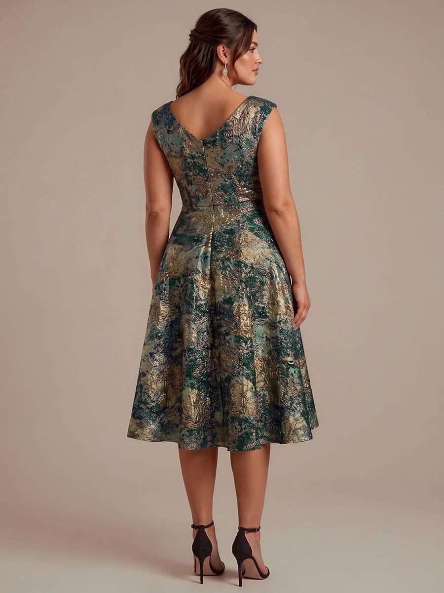 Jacquard Cap Sleeve A-line Dress #color_Dark Green/Gold