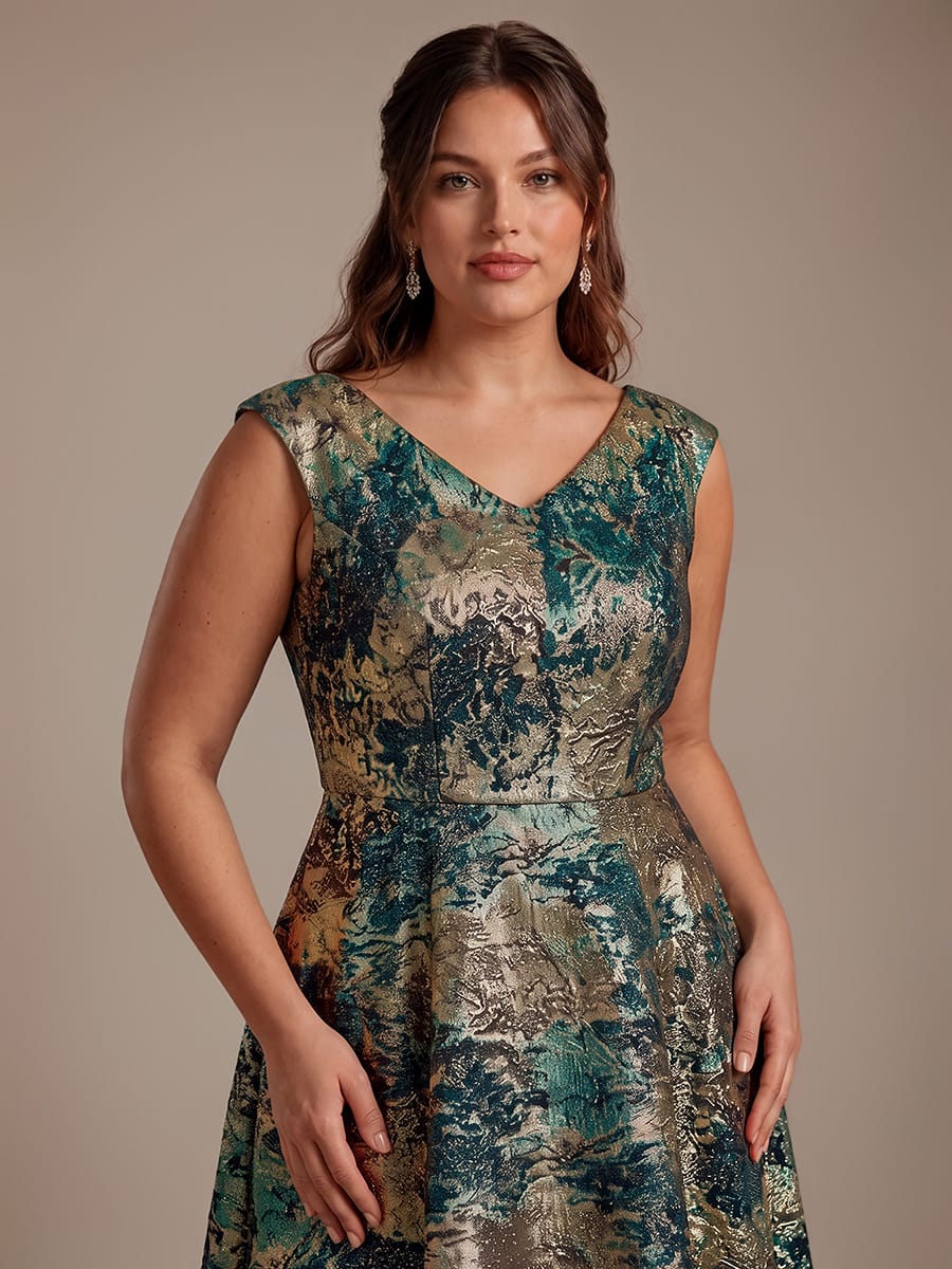 Jacquard Cap Sleeve A-line Dress #color_Dark Green/Gold