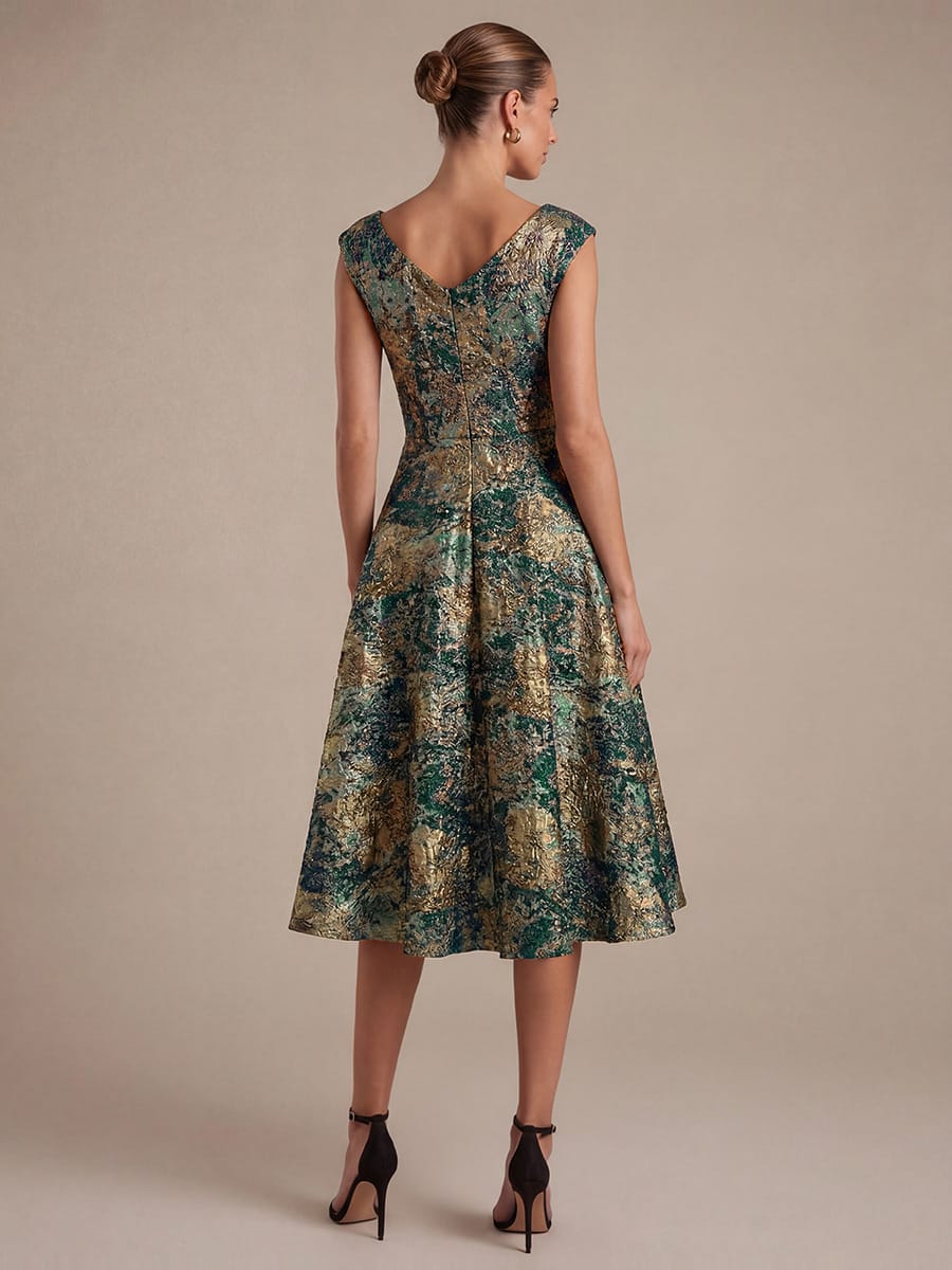 Jacquard Cap Sleeve A-line Dress #color_Dark Green