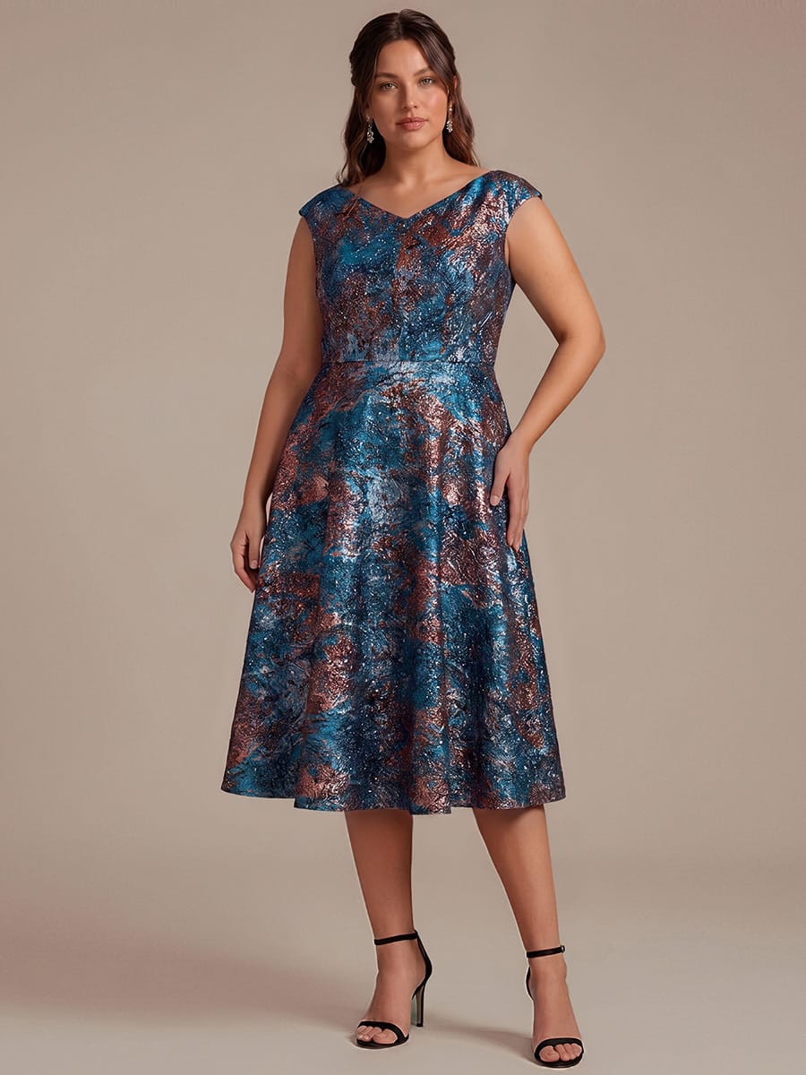Jacquard Cap Sleeve A-line Dress #color_Royal Blue/Gold
