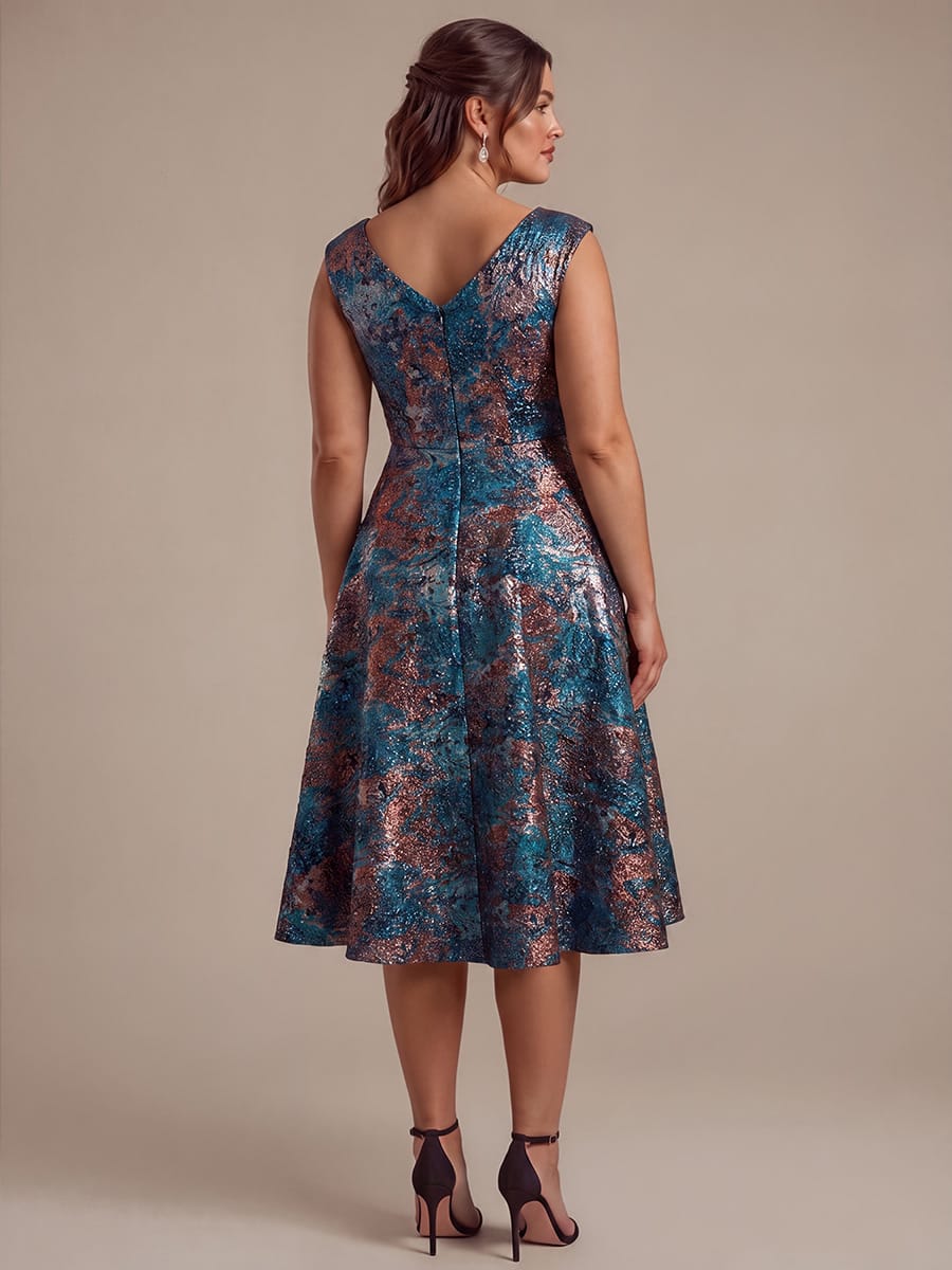 Jacquard Cap Sleeve A-line Dress #color_Royal Blue/Gold