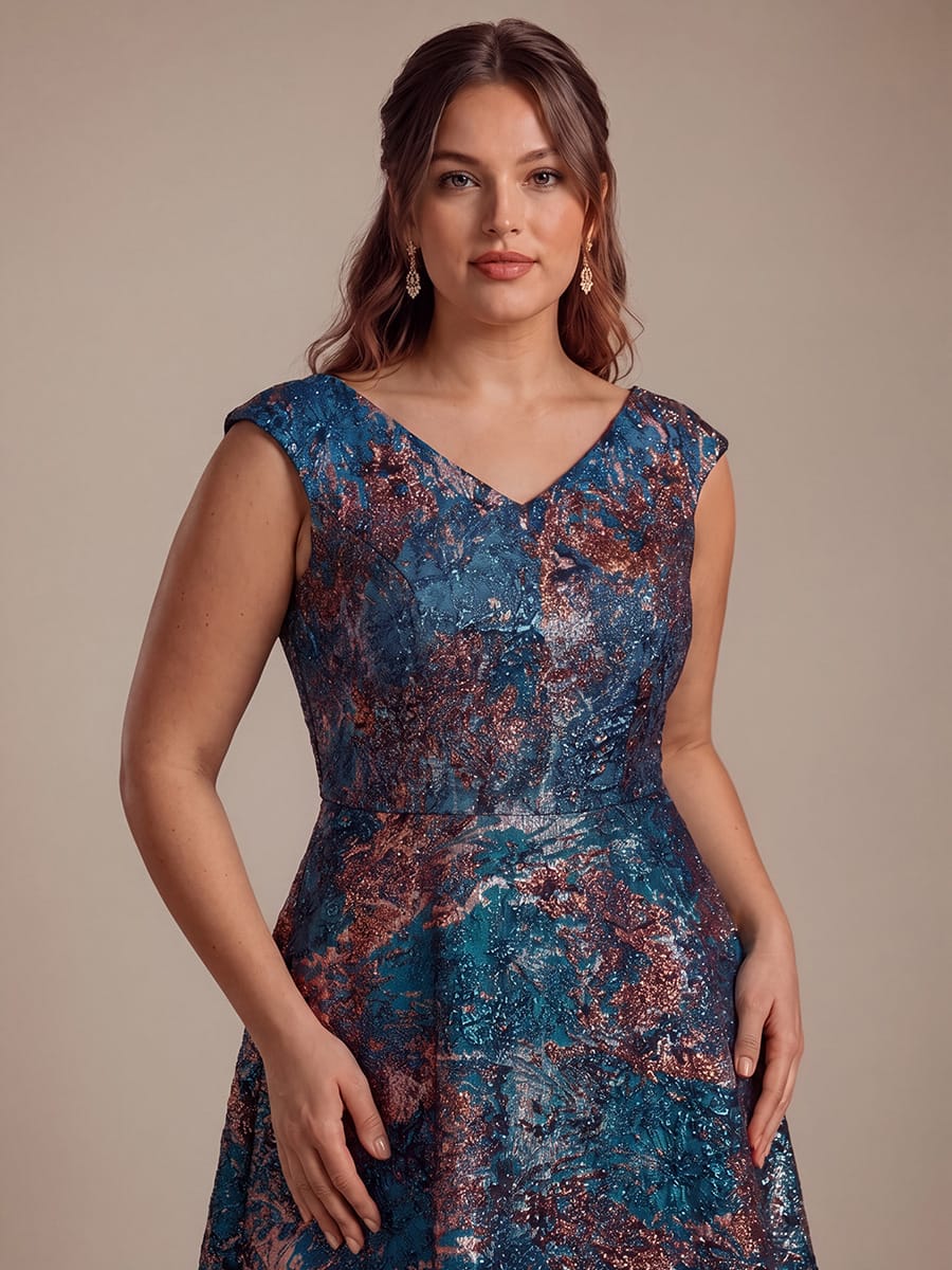 Jacquard Cap Sleeve A-line Dress #color_Royal Blue/Gold