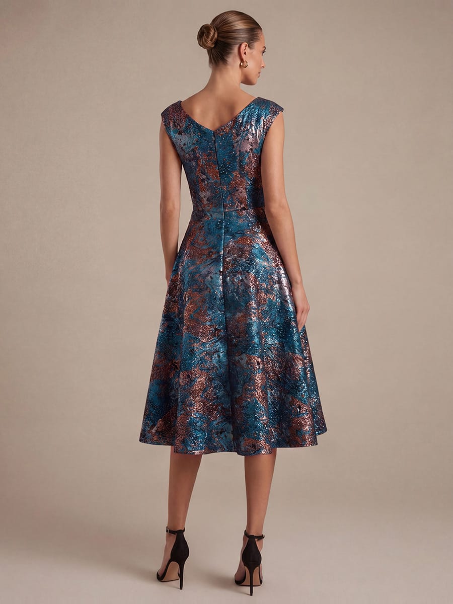 Jacquard Cap Sleeve A-line Dress #color_Sapphire Blue