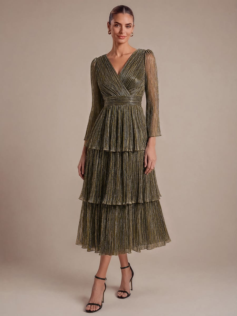 Tiered Tulle Tulle Fitted Sleeve Dress #color_Metallic Gold