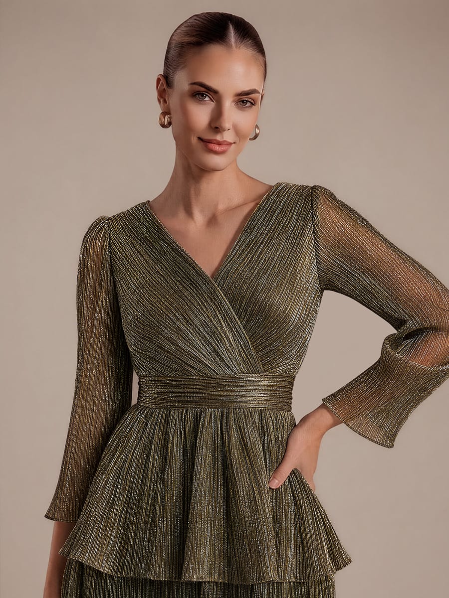 Tiered Tulle Tulle Fitted Sleeve Dress #color_Metallic Gold