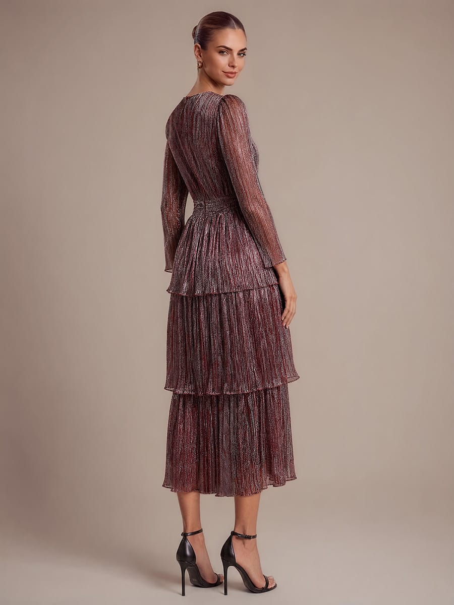 Tiered Tulle Tulle Fitted Sleeve Dress #color_Mahogany Brown