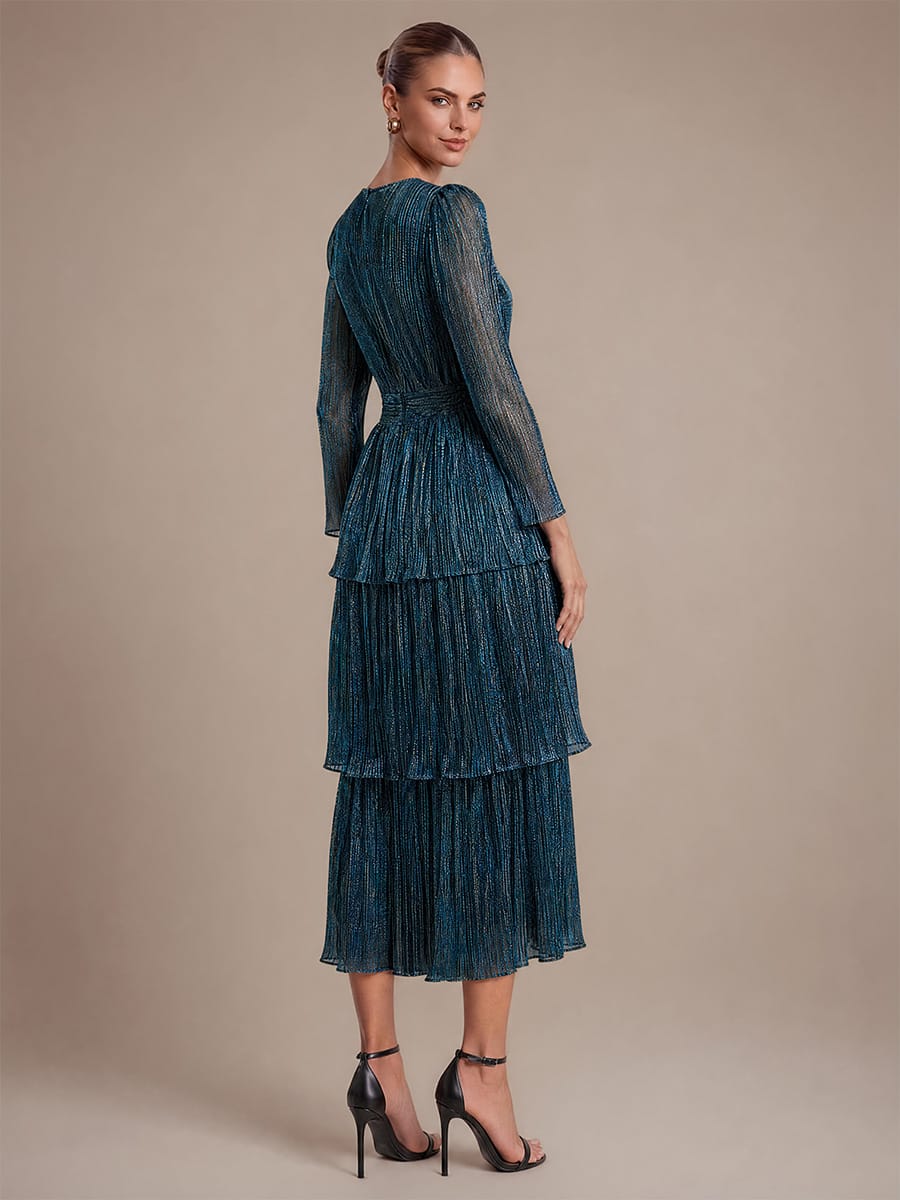 Tiered Tulle Tulle Fitted Sleeve Dress #color_Teal Blue