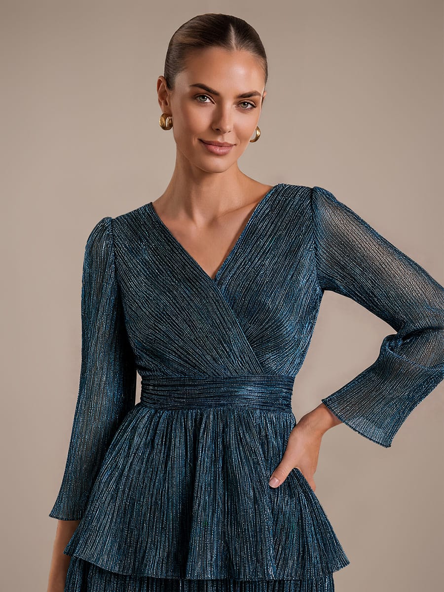 Tiered Tulle Tulle Fitted Sleeve Dress #color_Teal Blue
