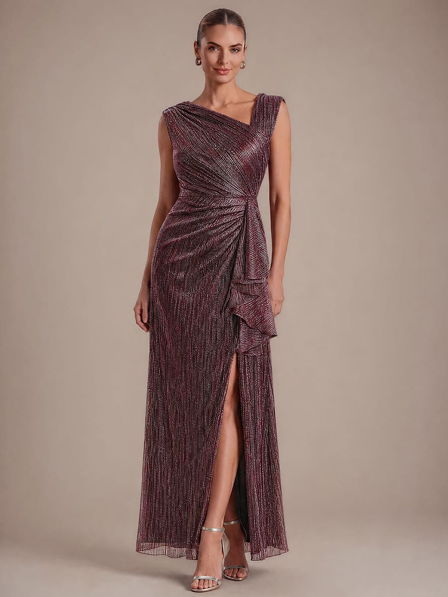 Slit Tulle Sleeveless Dress #color_Mahogany Brown