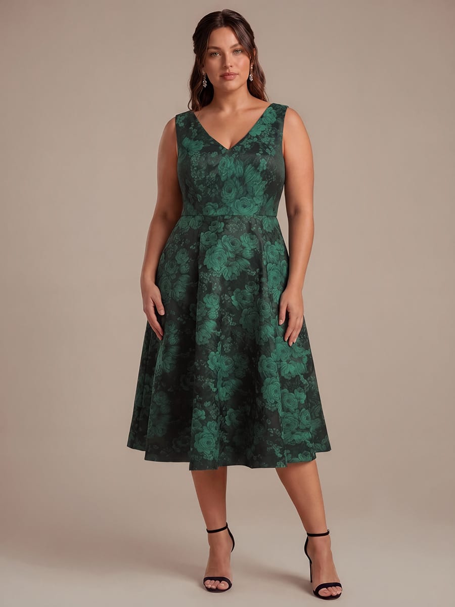 Printed Jacquard Cap Sleeve Dress #color_Dark Green/Black