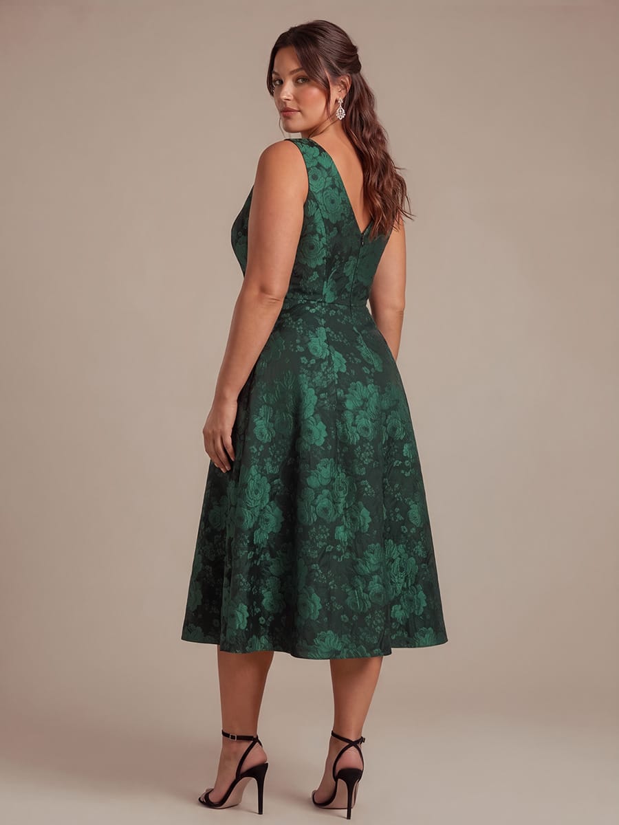 Printed Jacquard Cap Sleeve Dress #color_Dark Green/Black