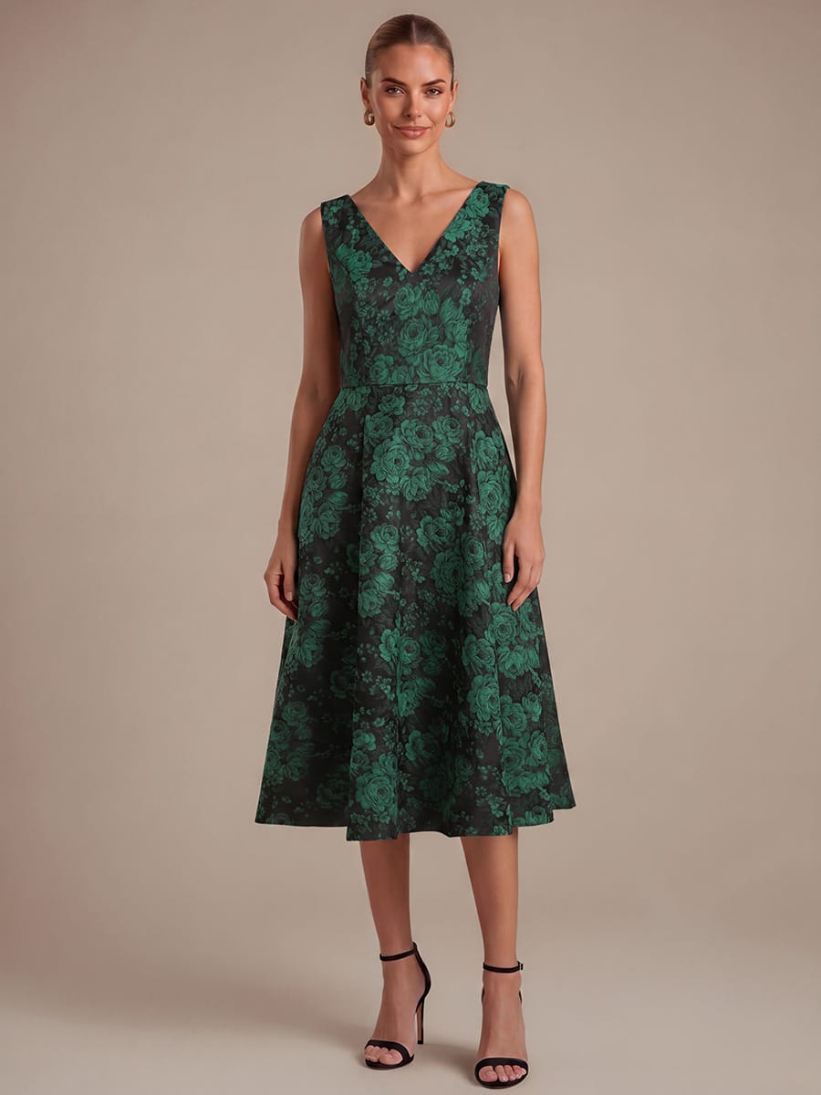 Printed Jacquard Cap Sleeve Dress #color_Dark Green