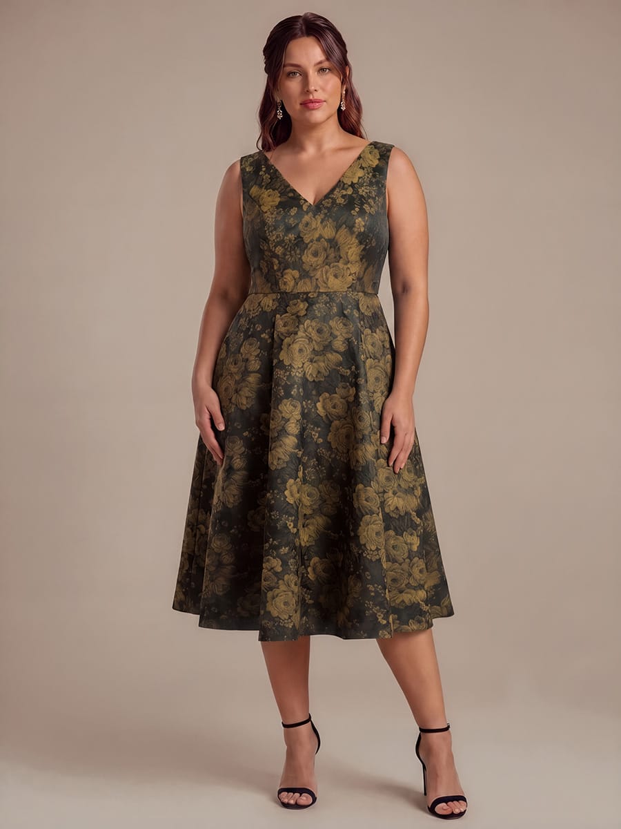 Printed Jacquard Cap Sleeve Dress #color_Black/Gold