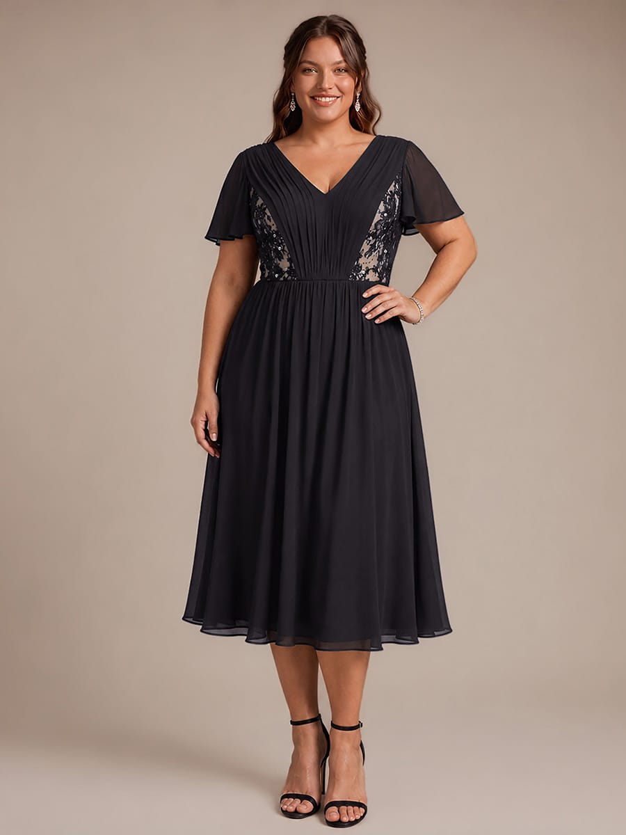 Chiffon Ruffle Sleeve A-line Dress #color_Black
