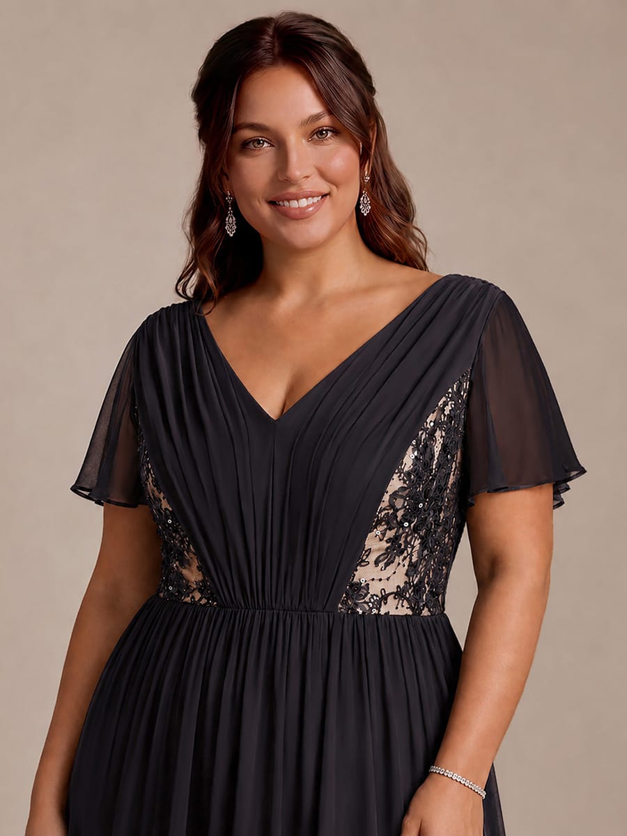 Chiffon Ruffle Sleeve A-line Dress #color_Black