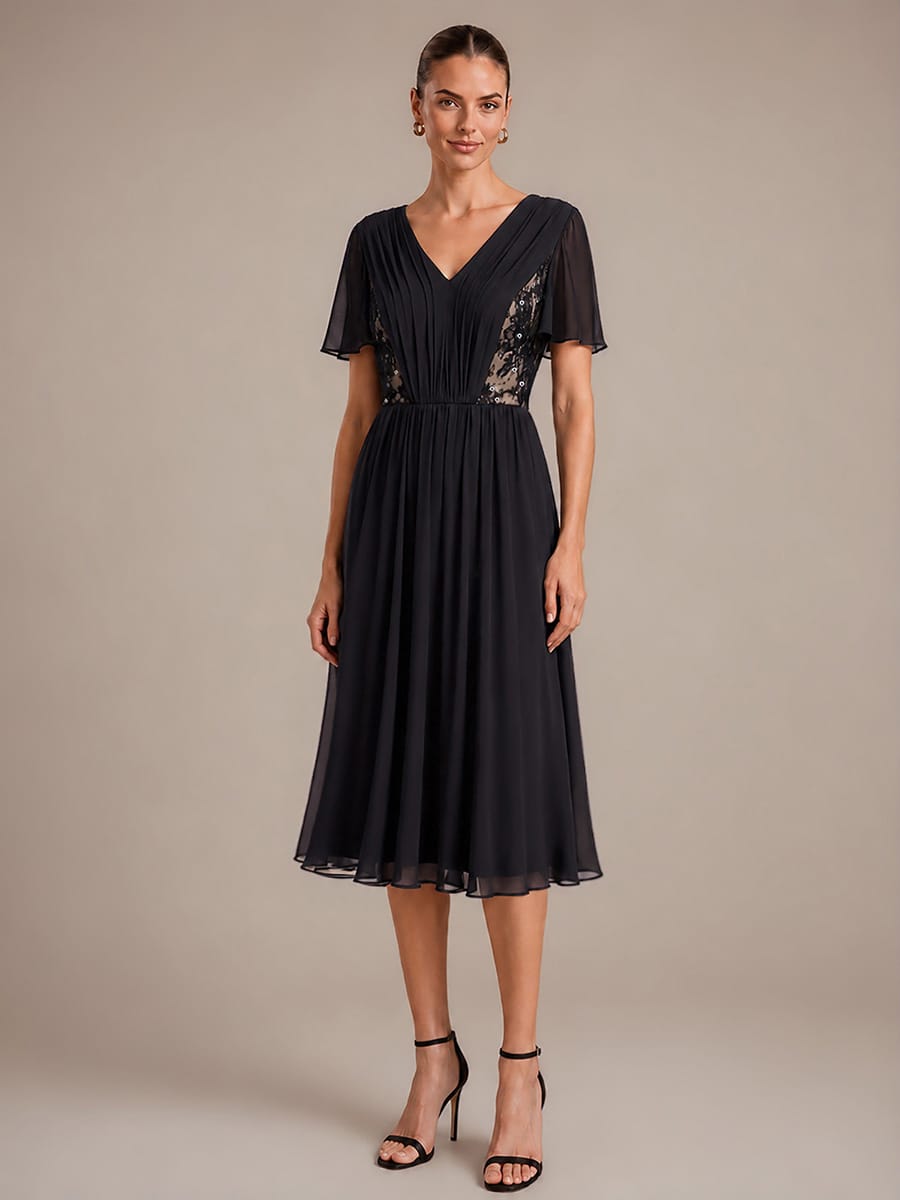 Chiffon Ruffle Sleeve A-line Dress #color_Black