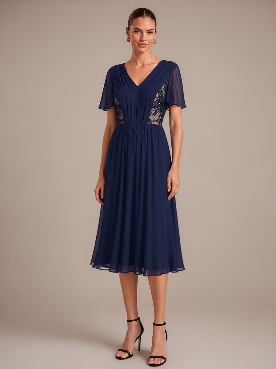 Chiffon Ruffle Sleeve A-line Dress #color_Navy Blue