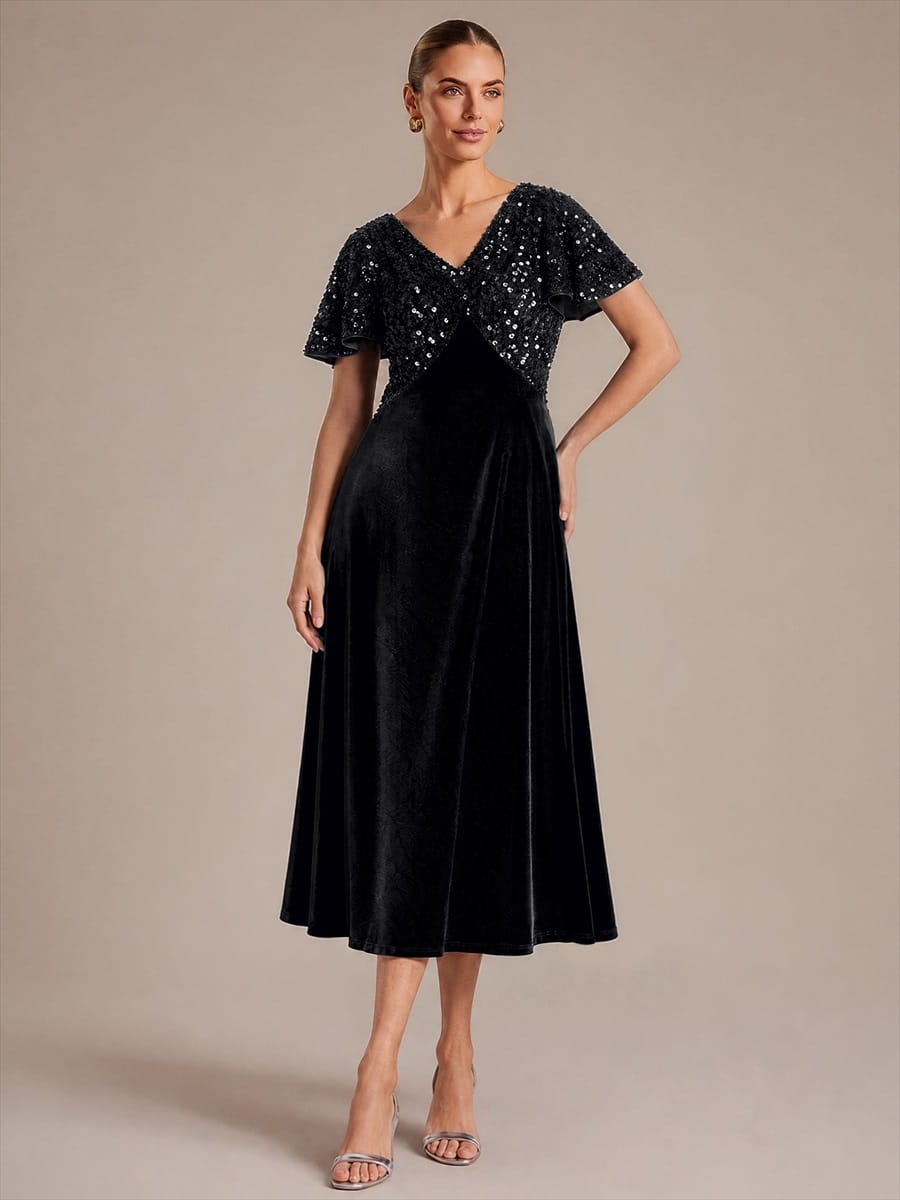 Velvet Tea Length V-neckline Ruffle sleeves High Stretch Dress #color_Black