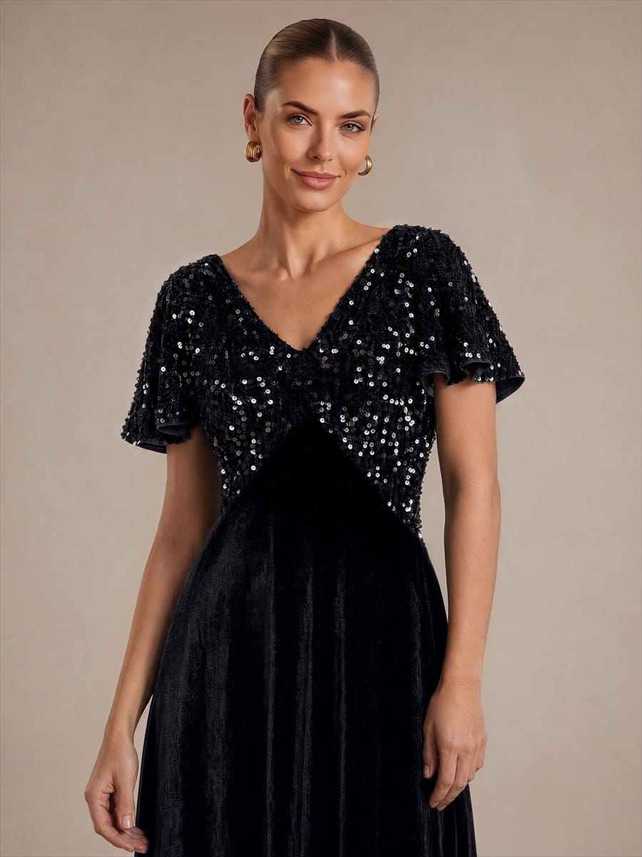 Velvet Tea Length V-neckline Ruffle sleeves High Stretch Dress #color_Black