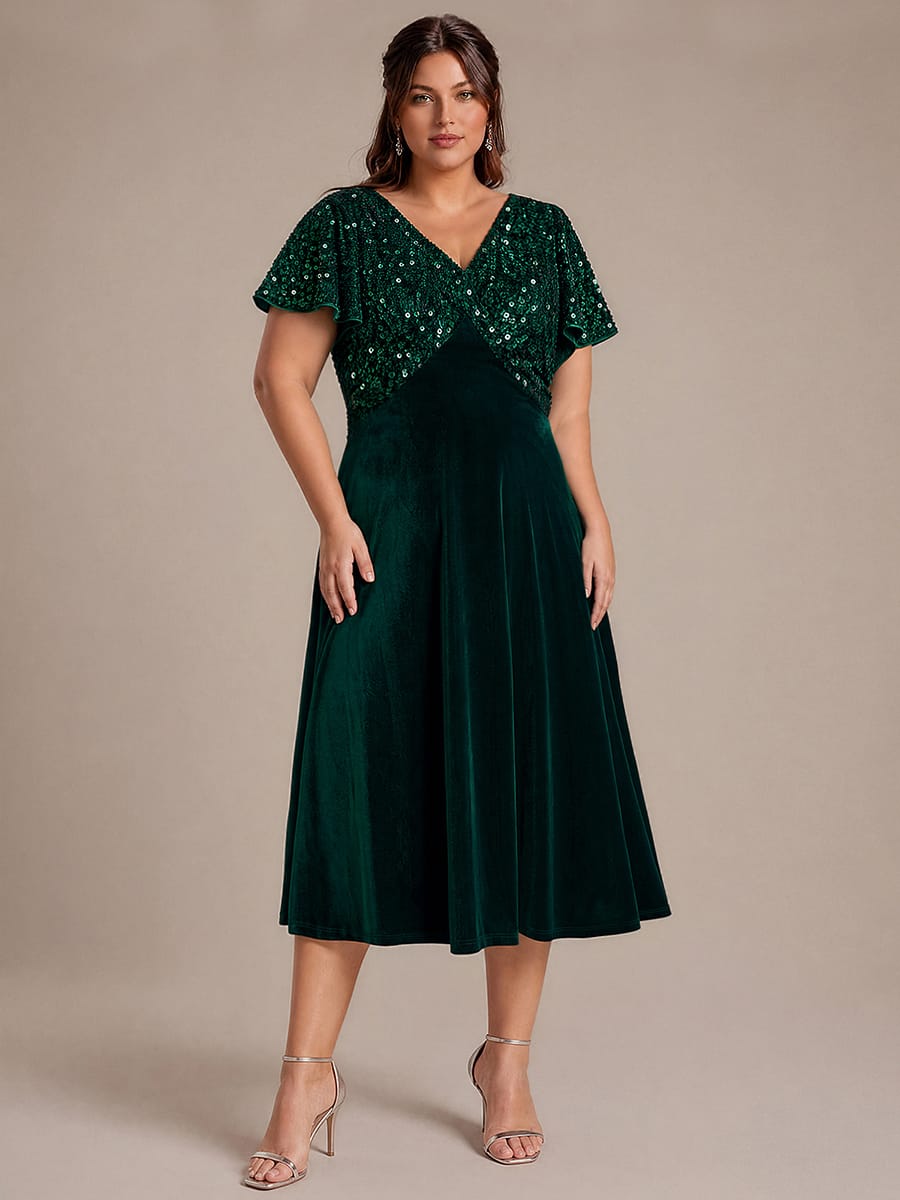 Velvet Tea Length V-neckline Ruffle sleeves High Stretch Dress #color_Dark Green