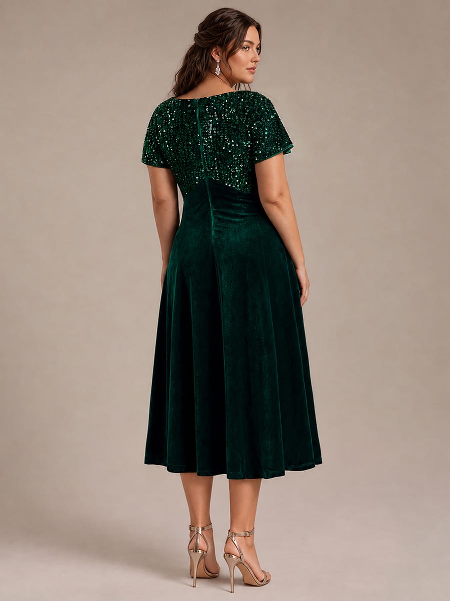 Velvet Tea Length V-neckline Ruffle sleeves High Stretch Dress #color_Dark Green