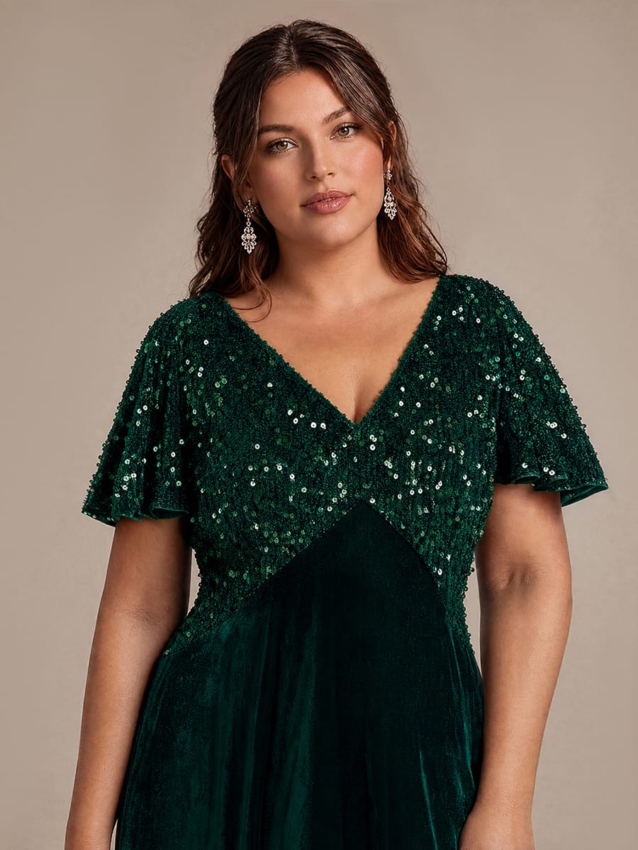Velvet Tea Length V-neckline Ruffle sleeves High Stretch Dress #color_Dark Green