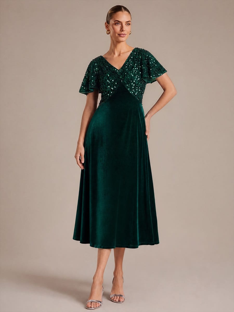 Velvet Tea Length V-neckline Ruffle sleeves High Stretch Dress #color_Dark Green