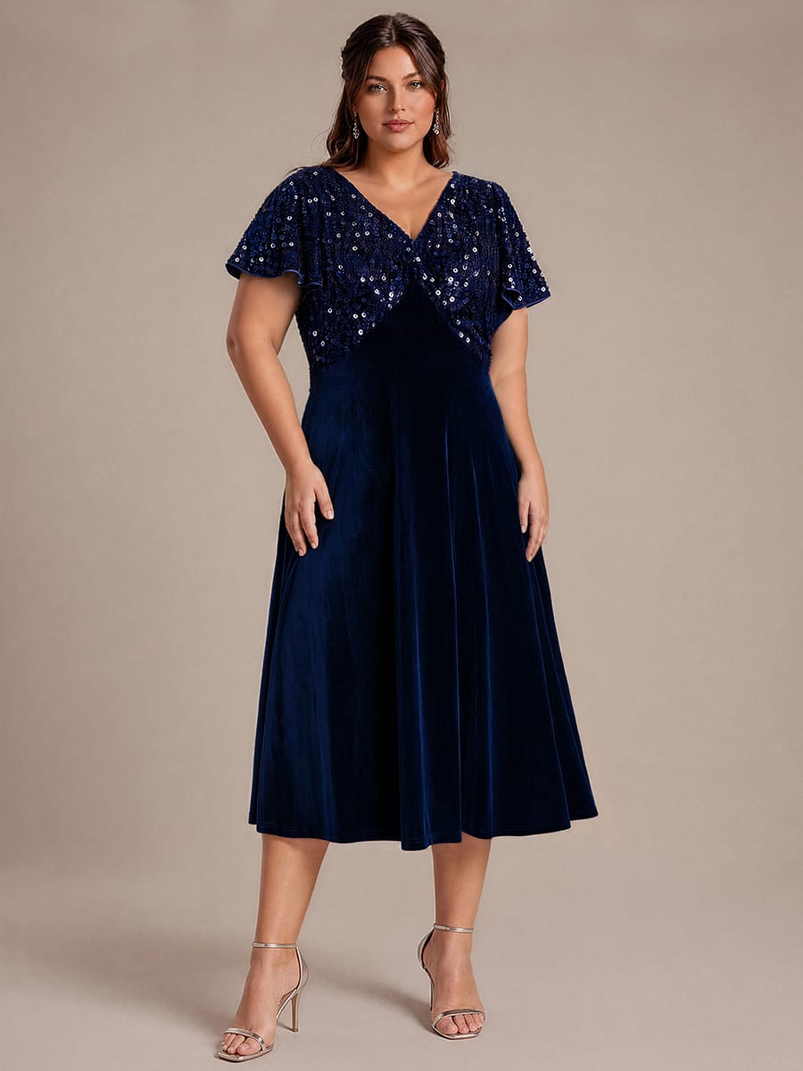 Velvet Tea Length V-neckline Ruffle sleeves High Stretch Dress #color_Navy Blue