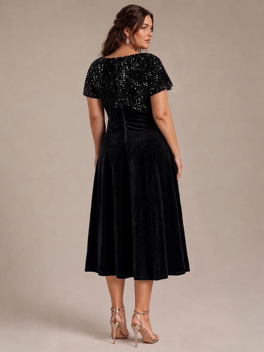 Velvet Tea Length V-neckline Ruffle sleeves High Stretch Dress #color_Navy Blue