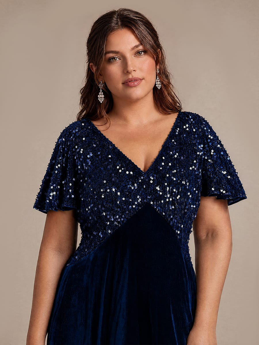 Velvet Tea Length V-neckline Ruffle sleeves High Stretch Dress #color_Navy Blue