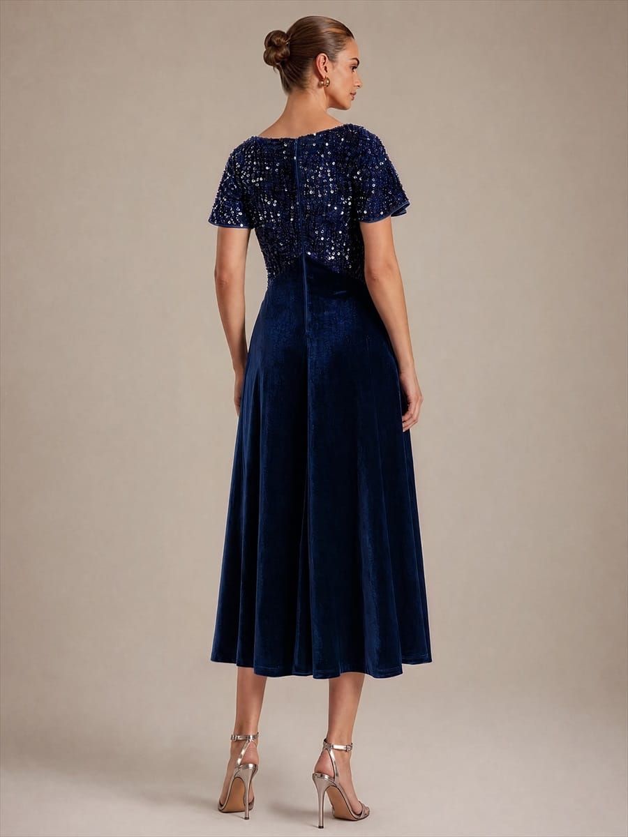 Velvet Tea Length V-neckline Ruffle sleeves High Stretch Dress #color_Navy Blue