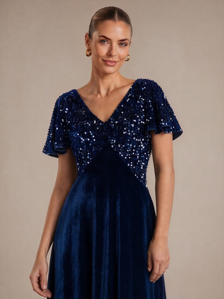 Velvet Tea Length V-neckline Ruffle sleeves High Stretch Dress #color_Navy Blue