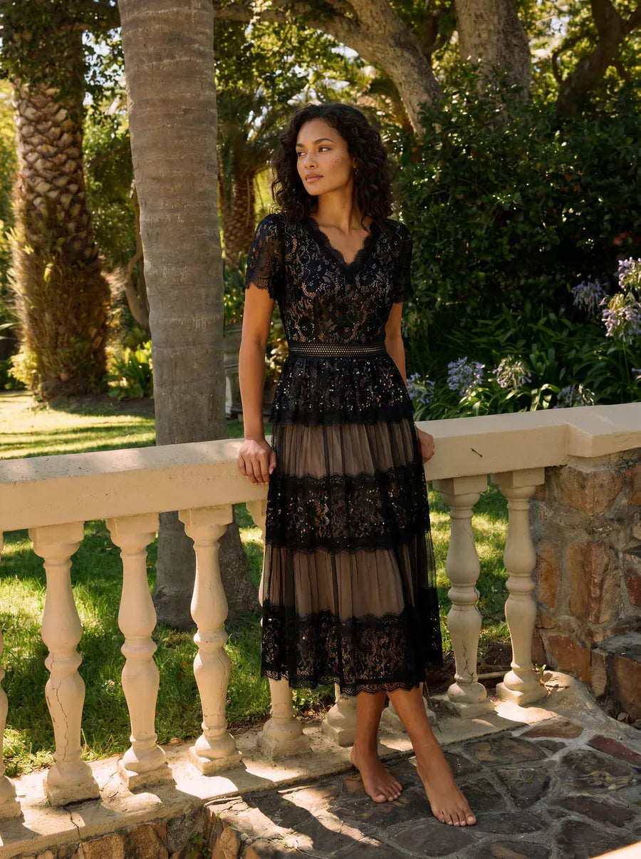 Lace Ruffle Sleeve A-line Dress #color_Black