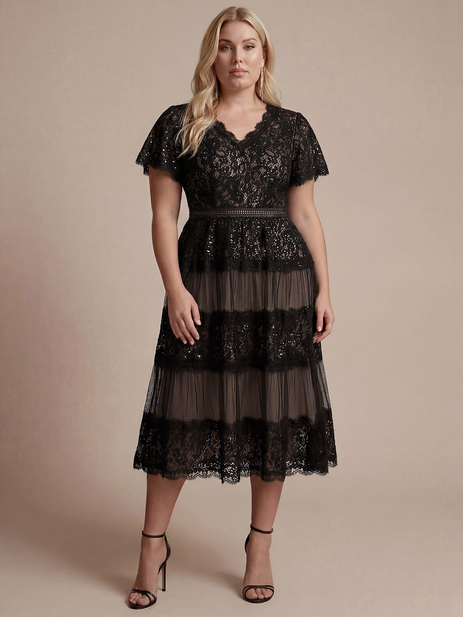 Lace Ruffle Sleeve A-line Dress #color_Black