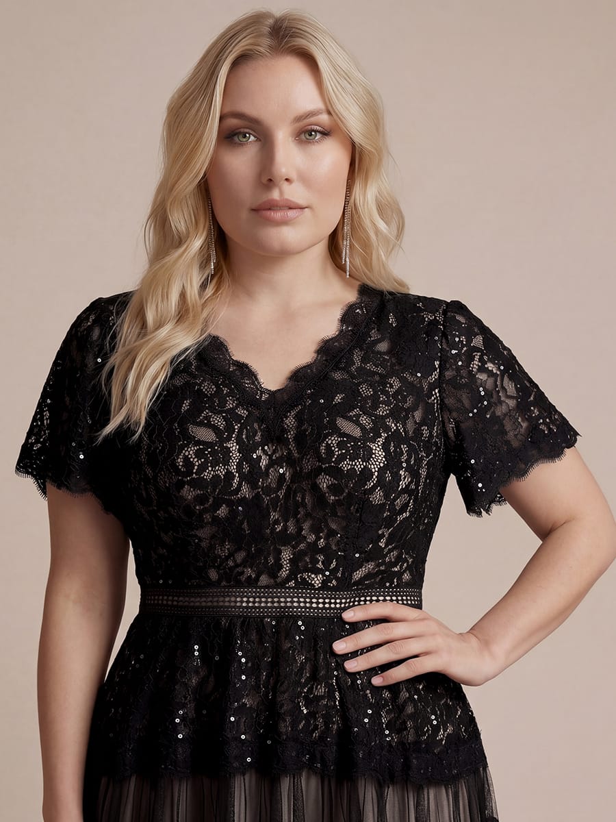 Lace Ruffle Sleeve A-line Dress #color_Black