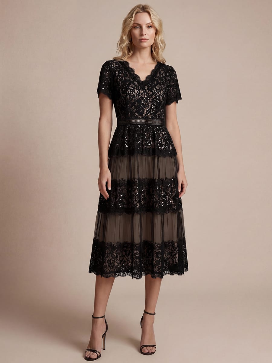 Lace Ruffle Sleeve A-line Dress #color_Black