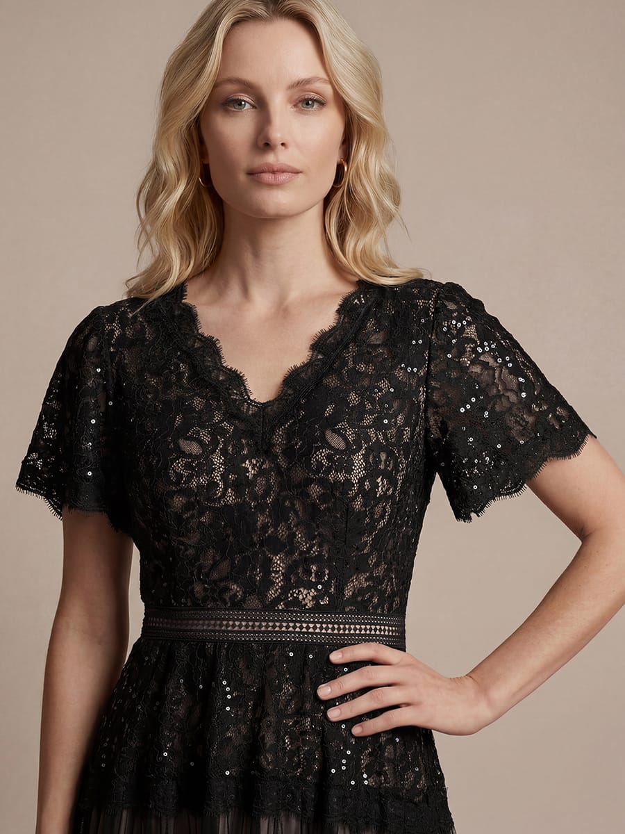 Lace Ruffle Sleeve A-line Dress #color_Black