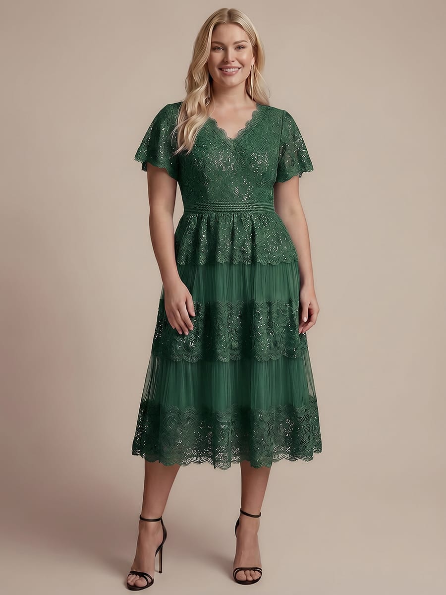 Lace Ruffle Sleeve A-line Dress #color_Dark Green