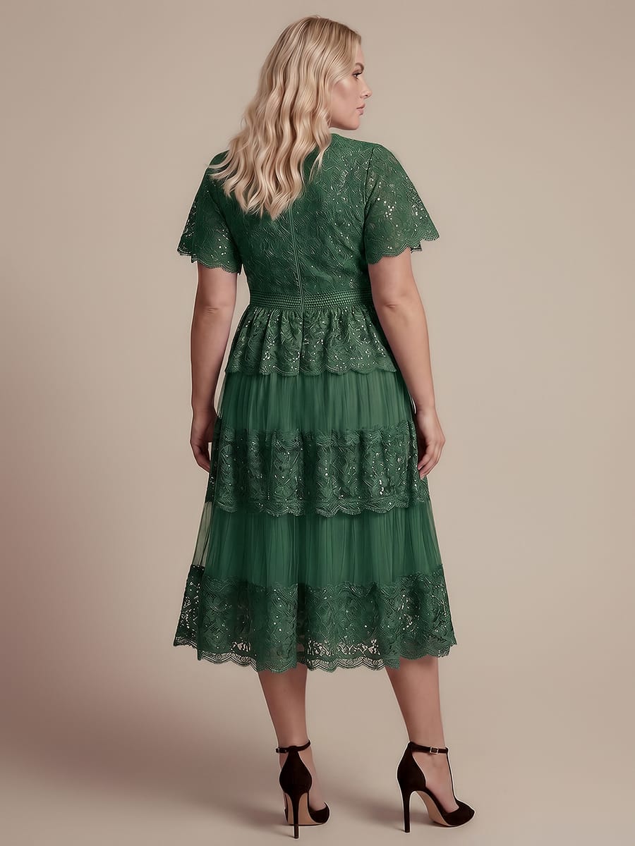 Lace Ruffle Sleeve A-line Dress #color_Dark Green