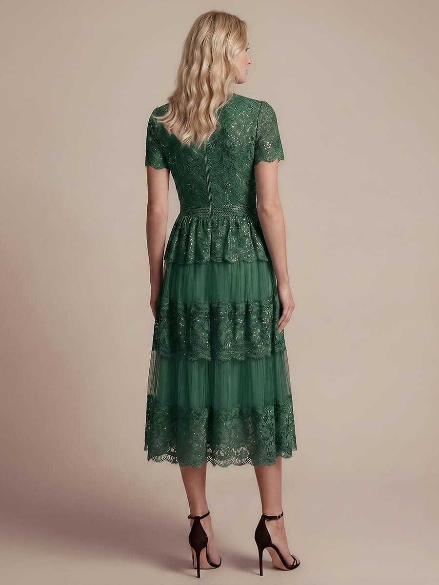 Lace Ruffle Sleeve A-line Dress #color_Dark Green