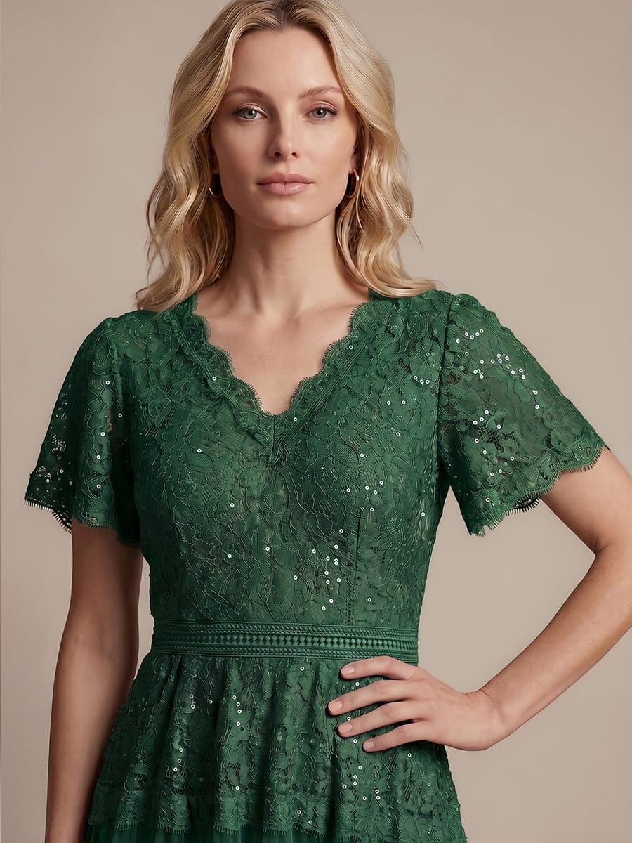 Lace Ruffle Sleeve A-line Dress #color_Dark Green