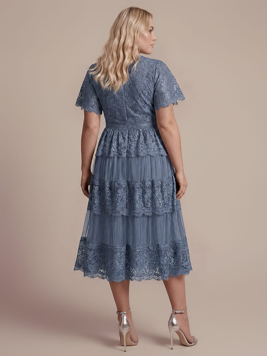Lace Ruffle Sleeve A-line Dress #color_Dusty Blue