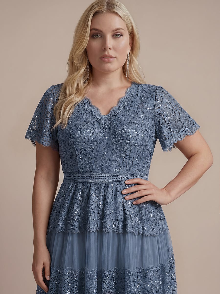 Lace Ruffle Sleeve A-line Dress #color_Dusty Blue