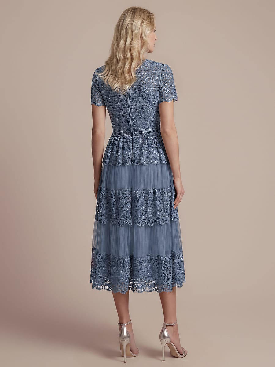 Lace Ruffle Sleeve A-line Dress #color_Dusty Blue